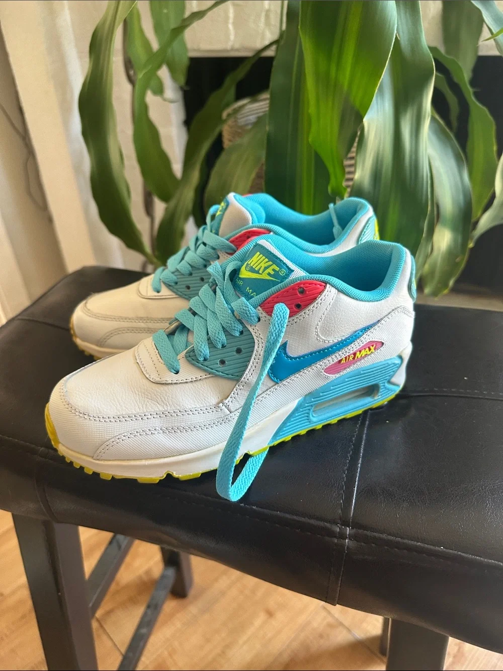 Nike Kids White, Teal & Yellow Lace-Up Sneakers